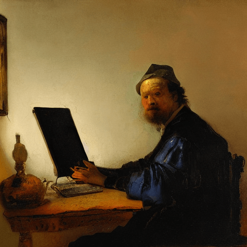 パソコンの前に座っている男性をレンブラントが描いた油絵